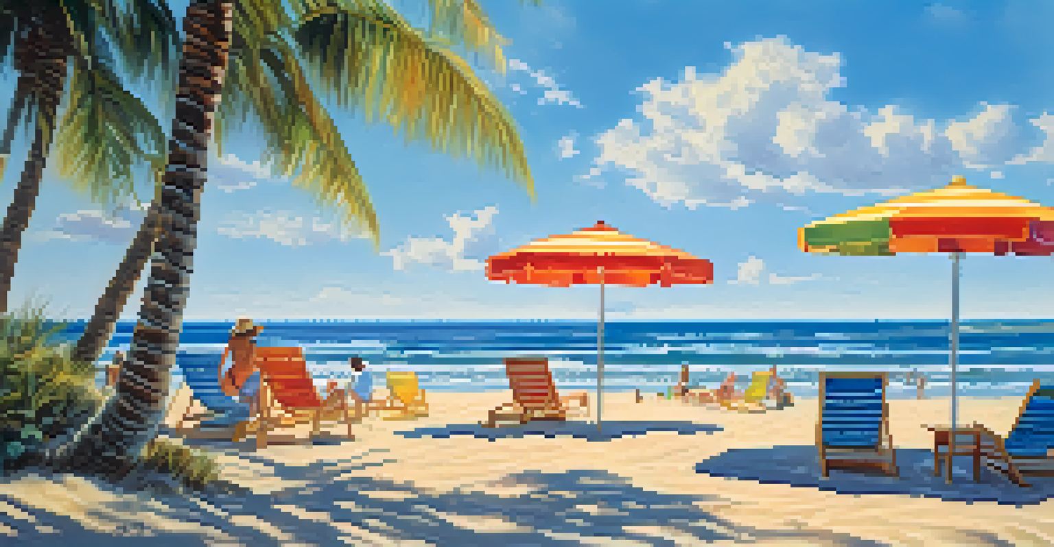 A lively summer beach scene with colorful umbrellas and sunbathers on golden sand.