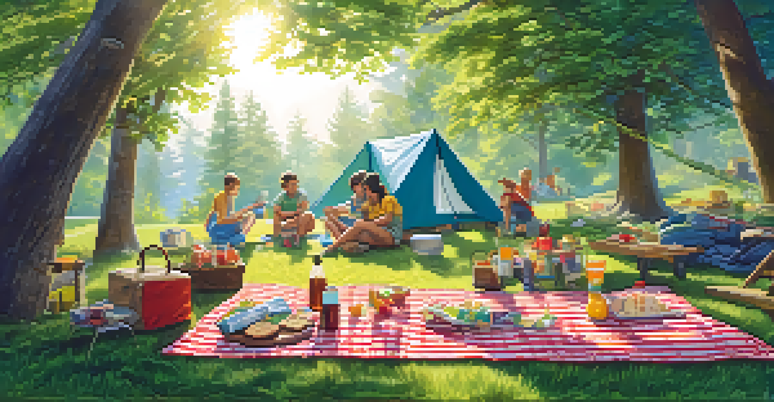 A colorful picnic setup in a green clearing with children playing nearby.