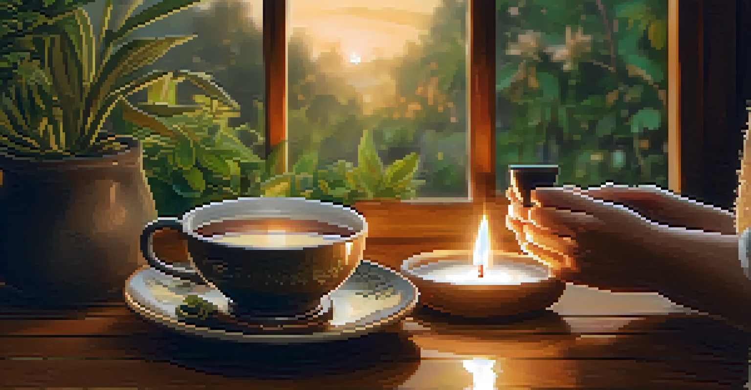 A close-up of hands holding herbal tea on a wooden table with plants and candles, creating a warm and cozy atmosphere.