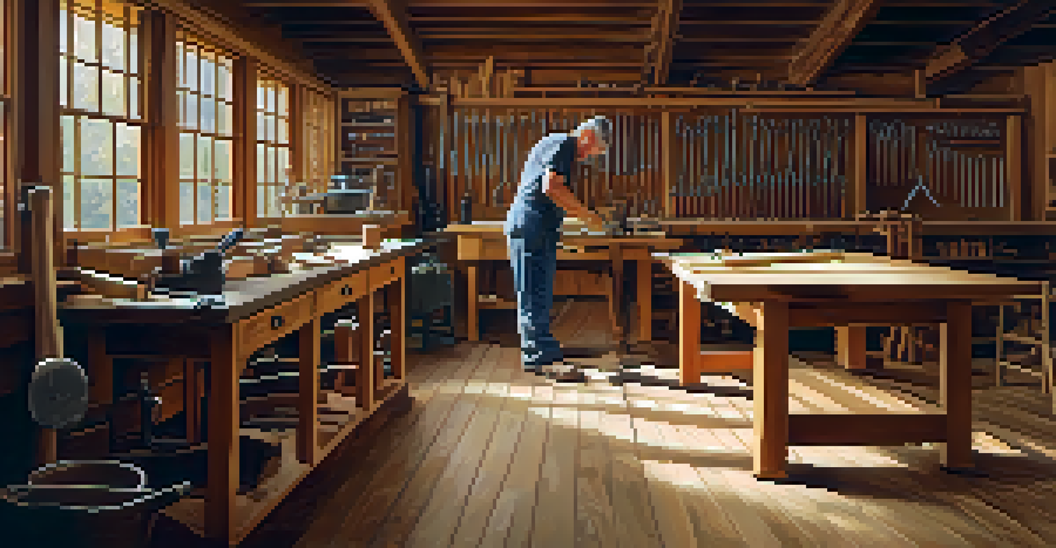 A craftsman working in a woodworking shop, measuring and cutting wood to create a chair, surrounded by tools and natural light.