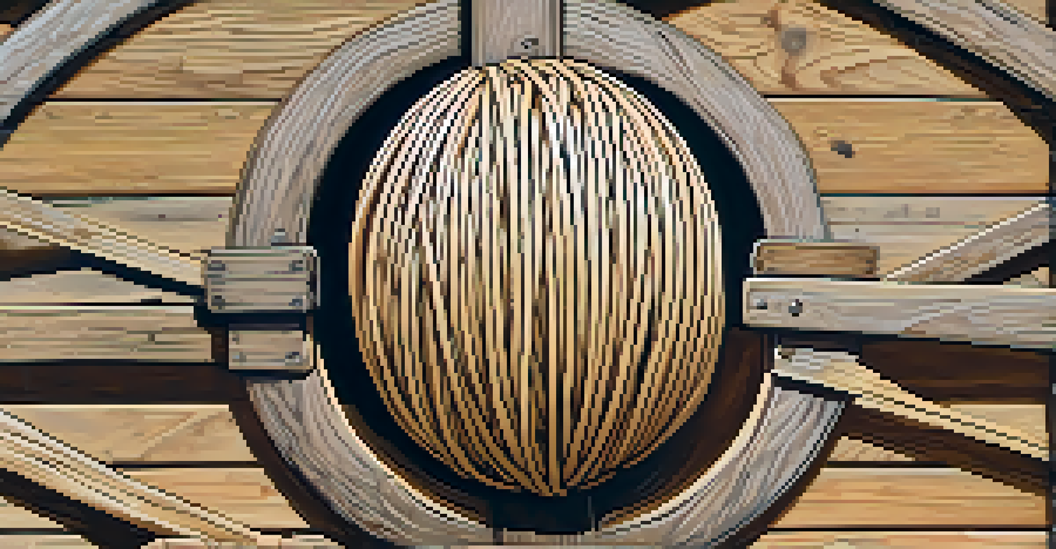 A close-up view of a massive ball of twine with people nearby, highlighting the texture and colors against a sunny backdrop.