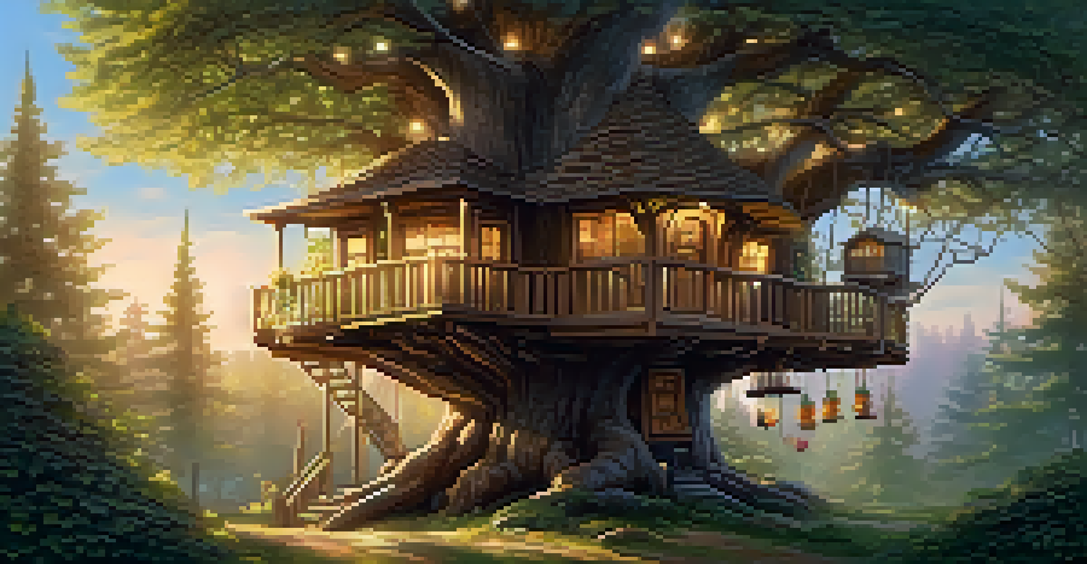 A whimsical treehouse among tall trees, decorated with fairy lights and surrounded by dappled sunlight.