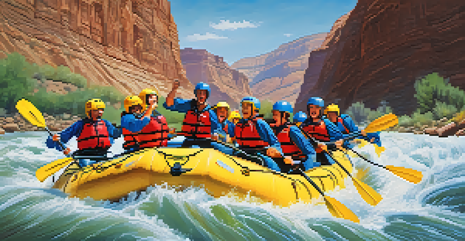A group of rafters navigating through white-water rapids on the Colorado River, with canyon walls in the background.