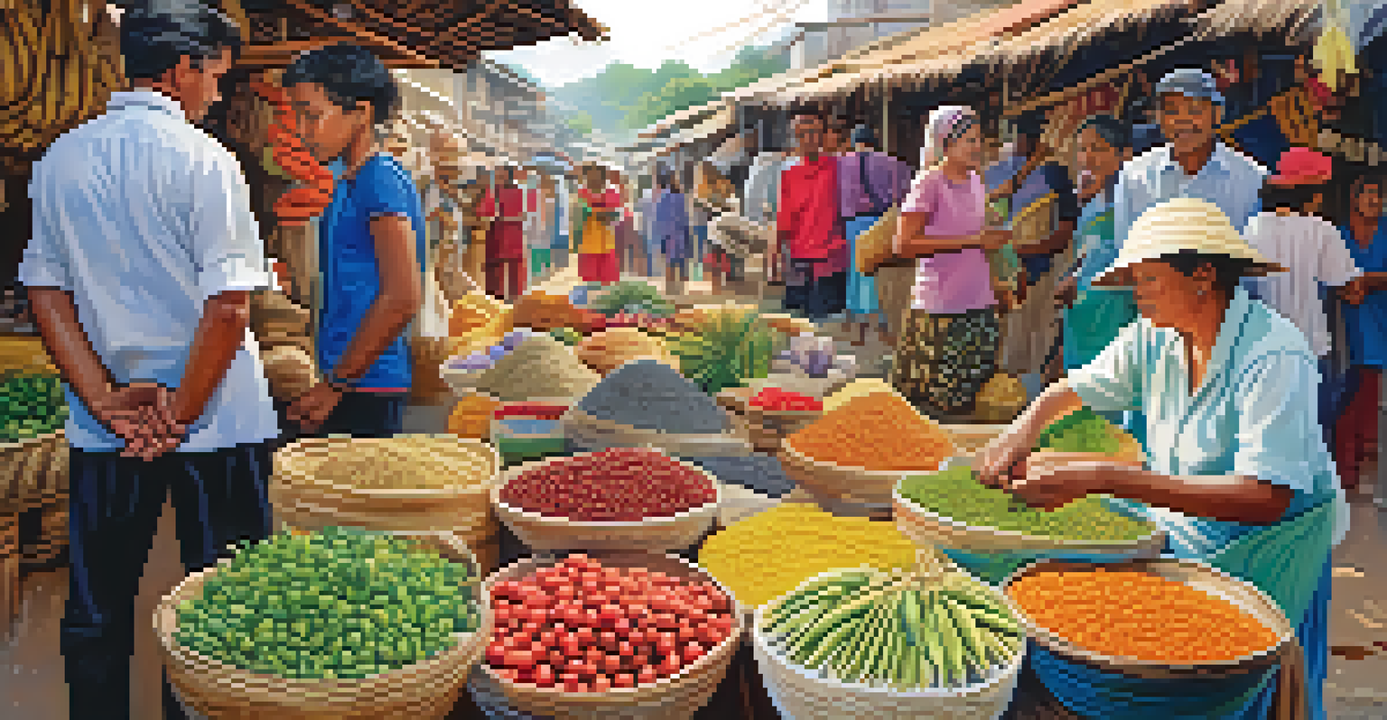 A lively local market scene featuring artisans and tourists engaged in cultural exchange.