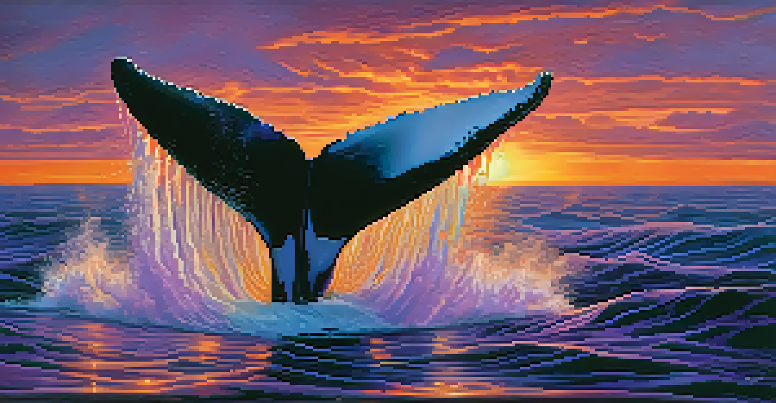 A close-up of a whale's dorsal fin above the water with a colorful sunset in the background.