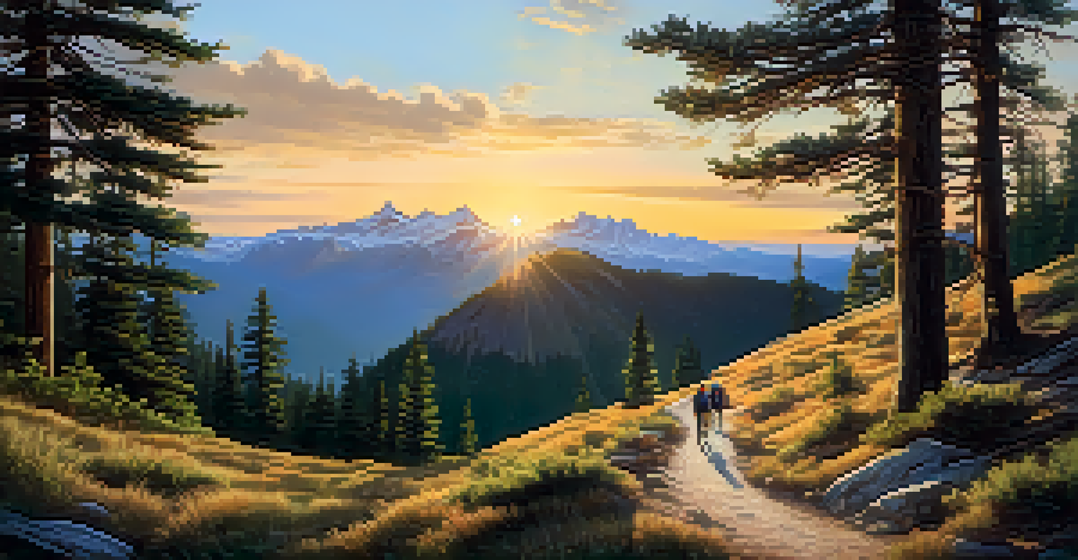 A beautiful hiking trail in a national park with hikers enjoying the sunset over mountains and pine trees.