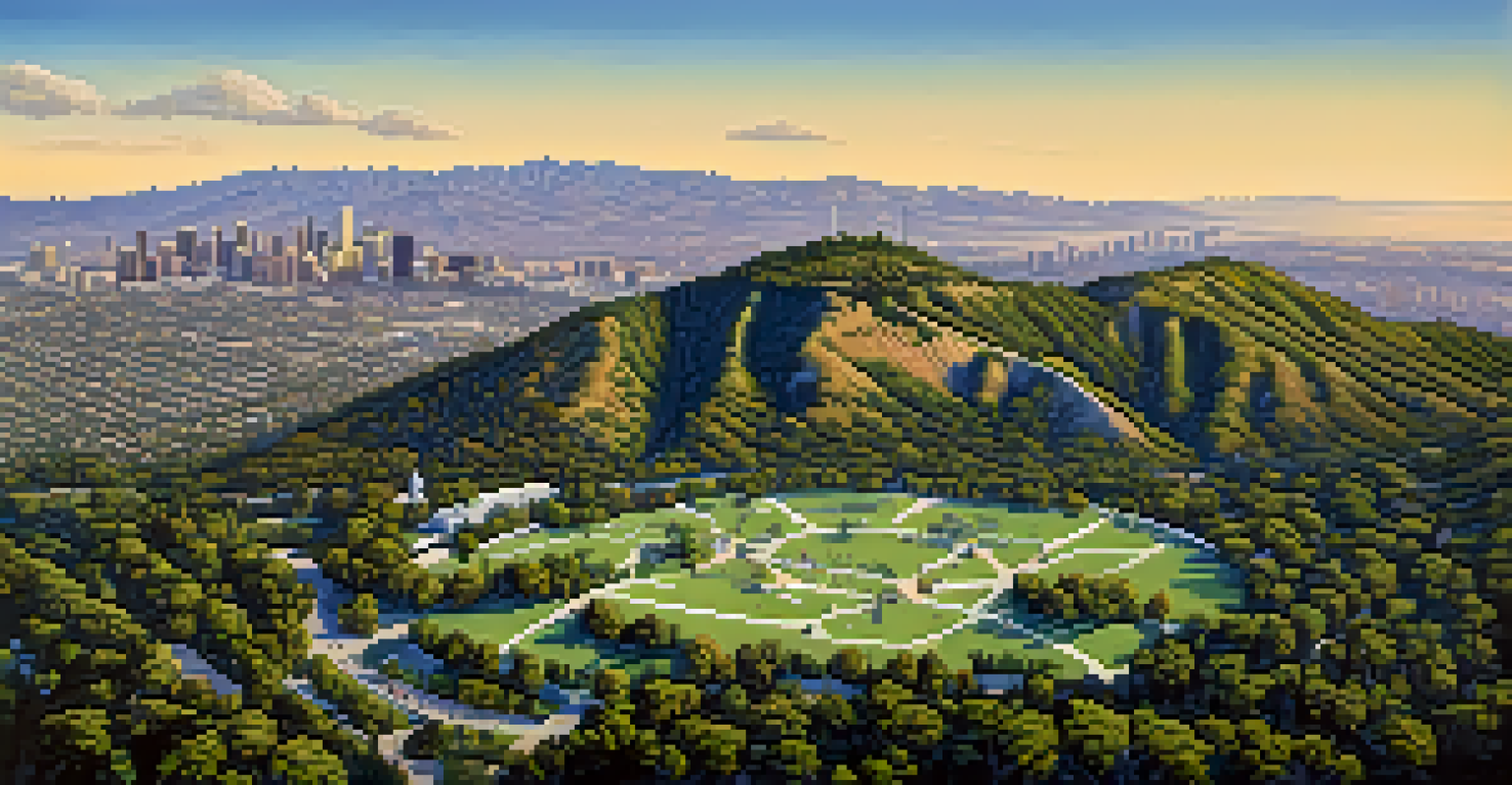 Aerial view of Griffith Park featuring hiking trails, picnic areas, and the Hollywood Sign in the background.