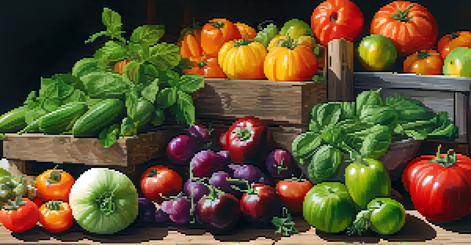 An overhead view of a colorful variety of seasonal fruits and vegetables at an artisan market, showcasing their textures and details.