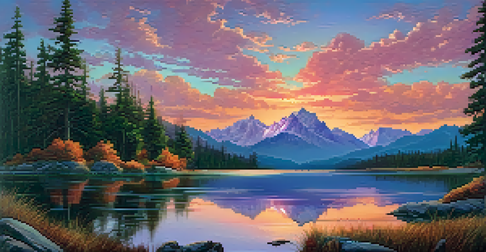A picturesque landscape featuring a mountain range at sunset, with a lake reflecting the colorful sky.