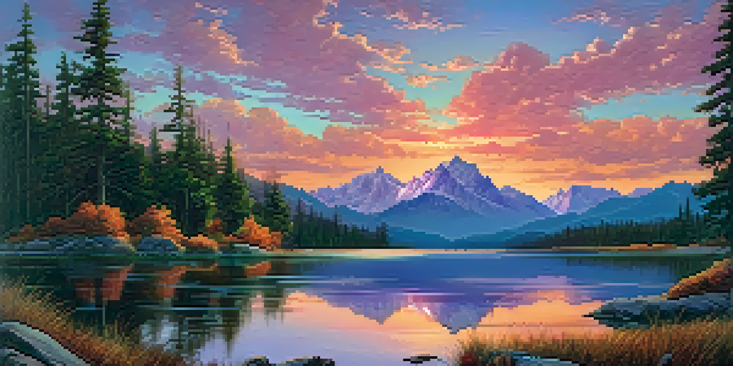 A picturesque landscape featuring a mountain range at sunset, with a lake reflecting the colorful sky.
