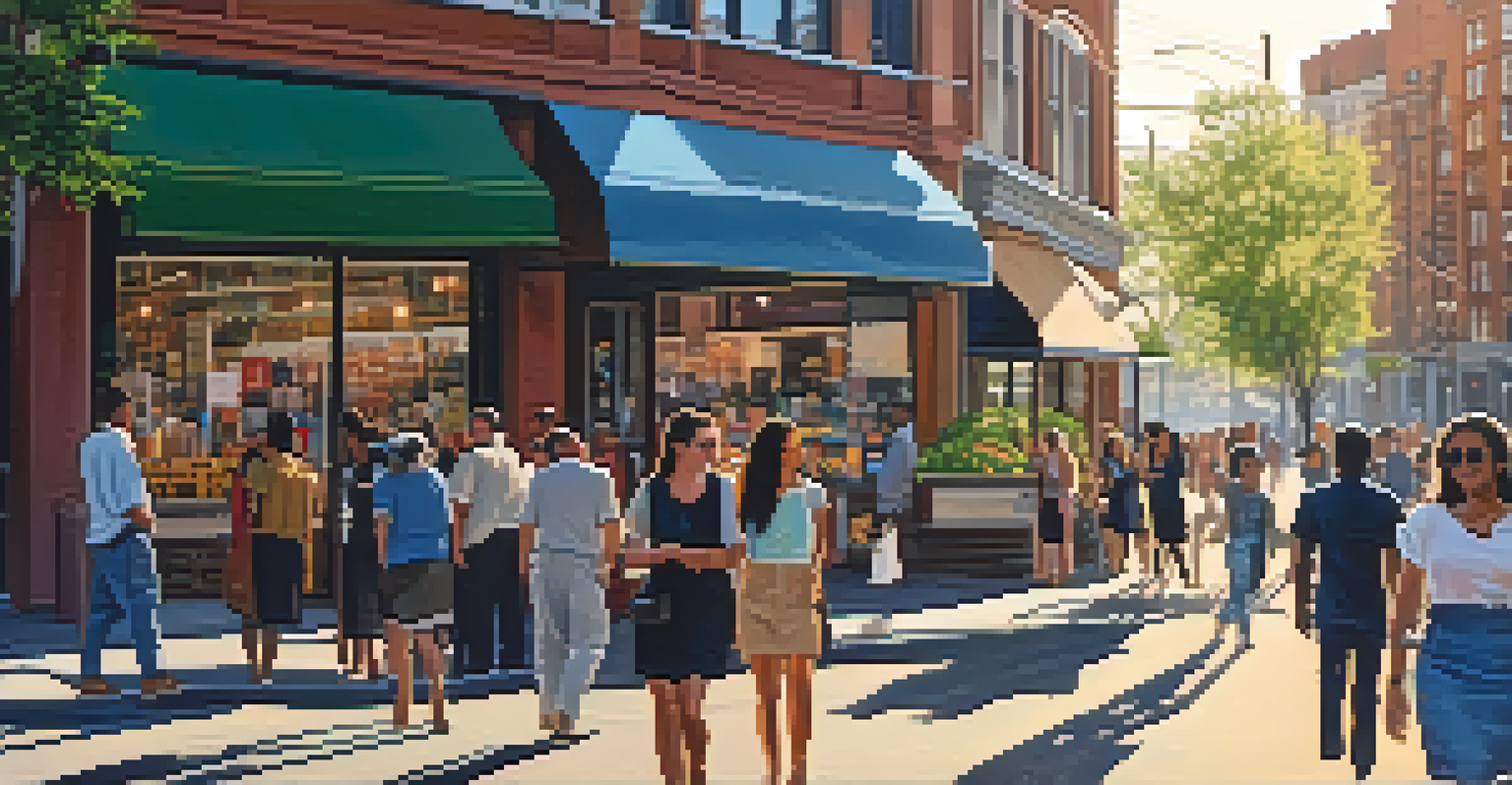 A vibrant urban street scene during golden hour, featuring people interacting with warm sunlight and colorful storefronts.