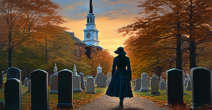 A ghostly figure in period attire wanders the churchyard of Old North Church in Boston at twilight, with swirling autumn leaves around.