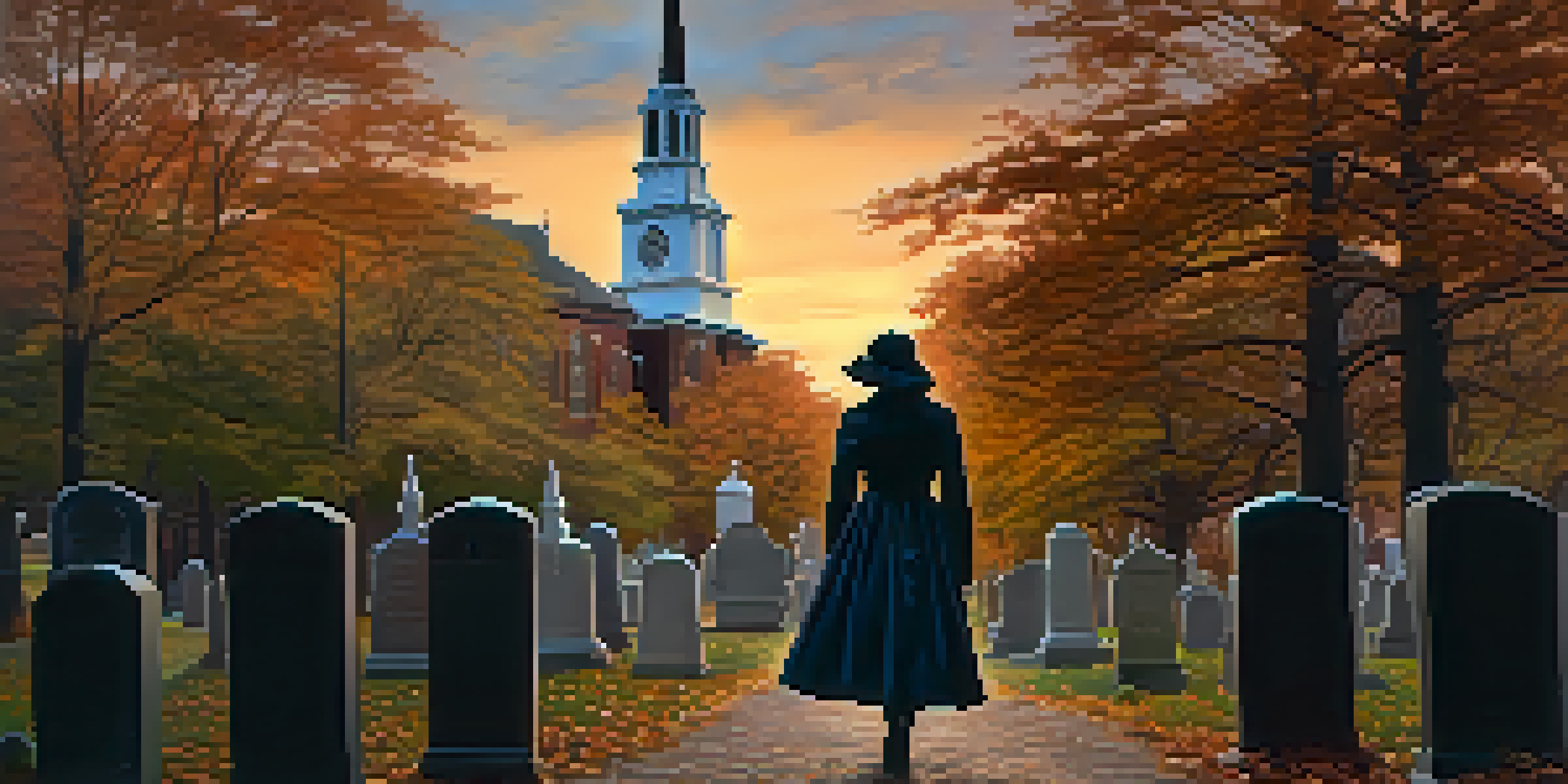 A ghostly figure in period attire wanders the churchyard of Old North Church in Boston at twilight, with swirling autumn leaves around.