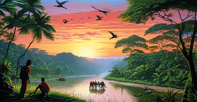 A sunset over a tropical forest with silhouettes of wildlife, a river in the foreground, and volunteers planting trees.