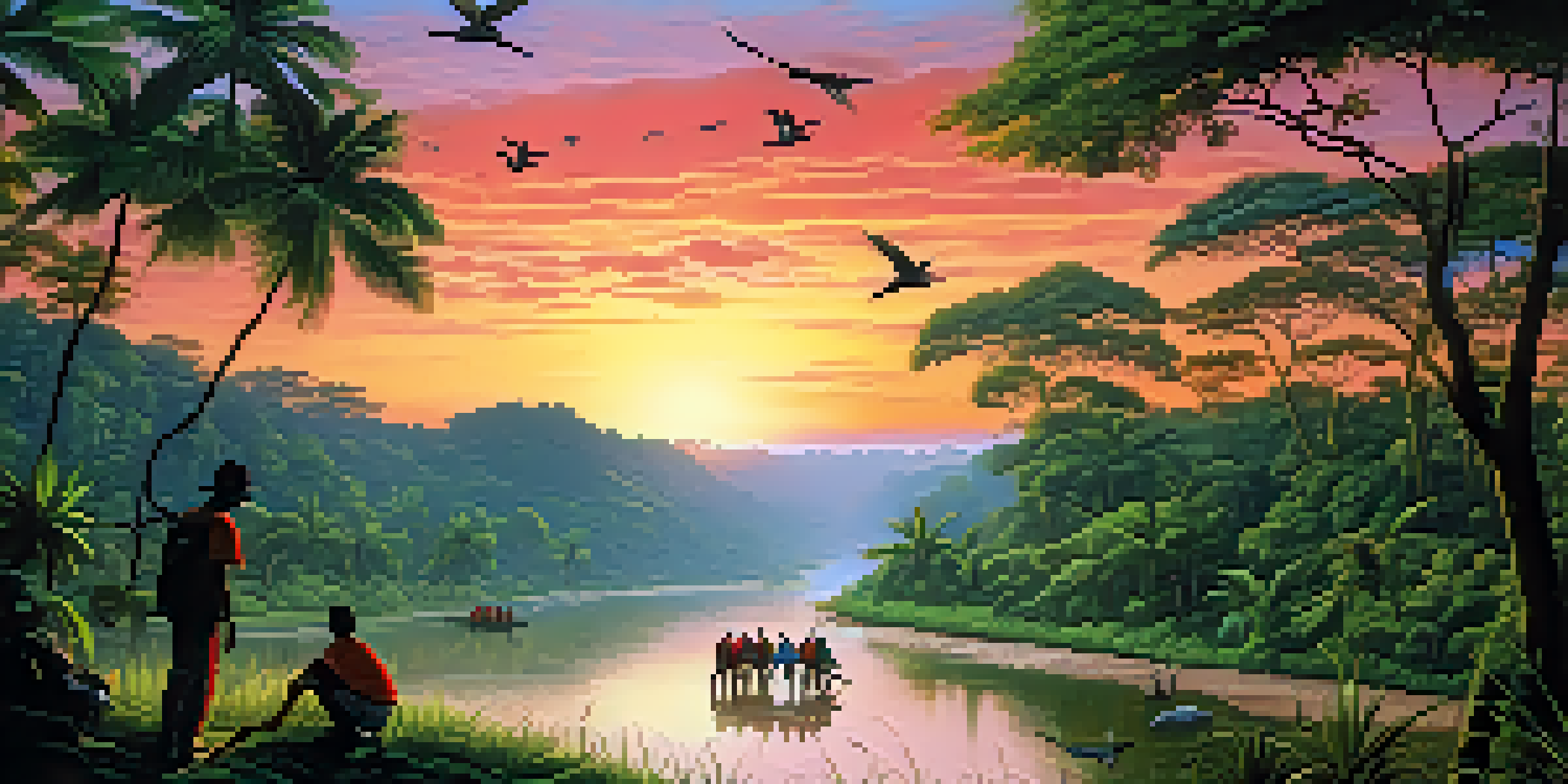 A sunset over a tropical forest with silhouettes of wildlife, a river in the foreground, and volunteers planting trees.