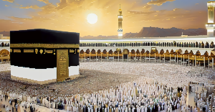 A panoramic view of the Kaaba surrounded by pilgrims during sunset, showcasing the unity of faith and spirituality.