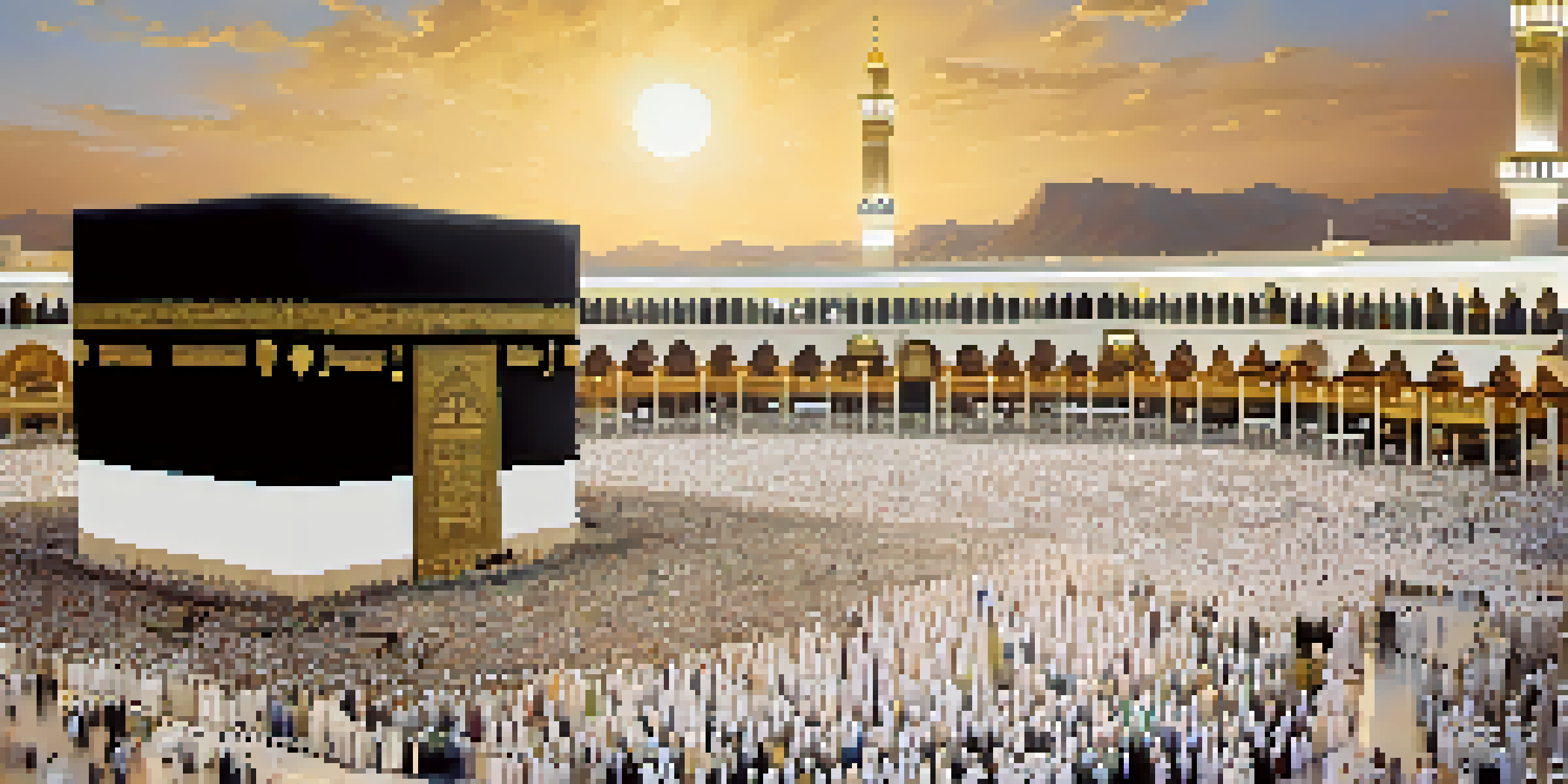 A panoramic view of the Kaaba surrounded by pilgrims during sunset, showcasing the unity of faith and spirituality.