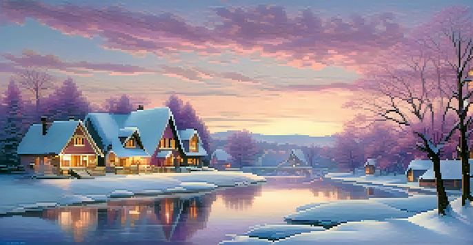 A peaceful winter landscape with a snow-covered village and glowing cottages under a pastel sky.