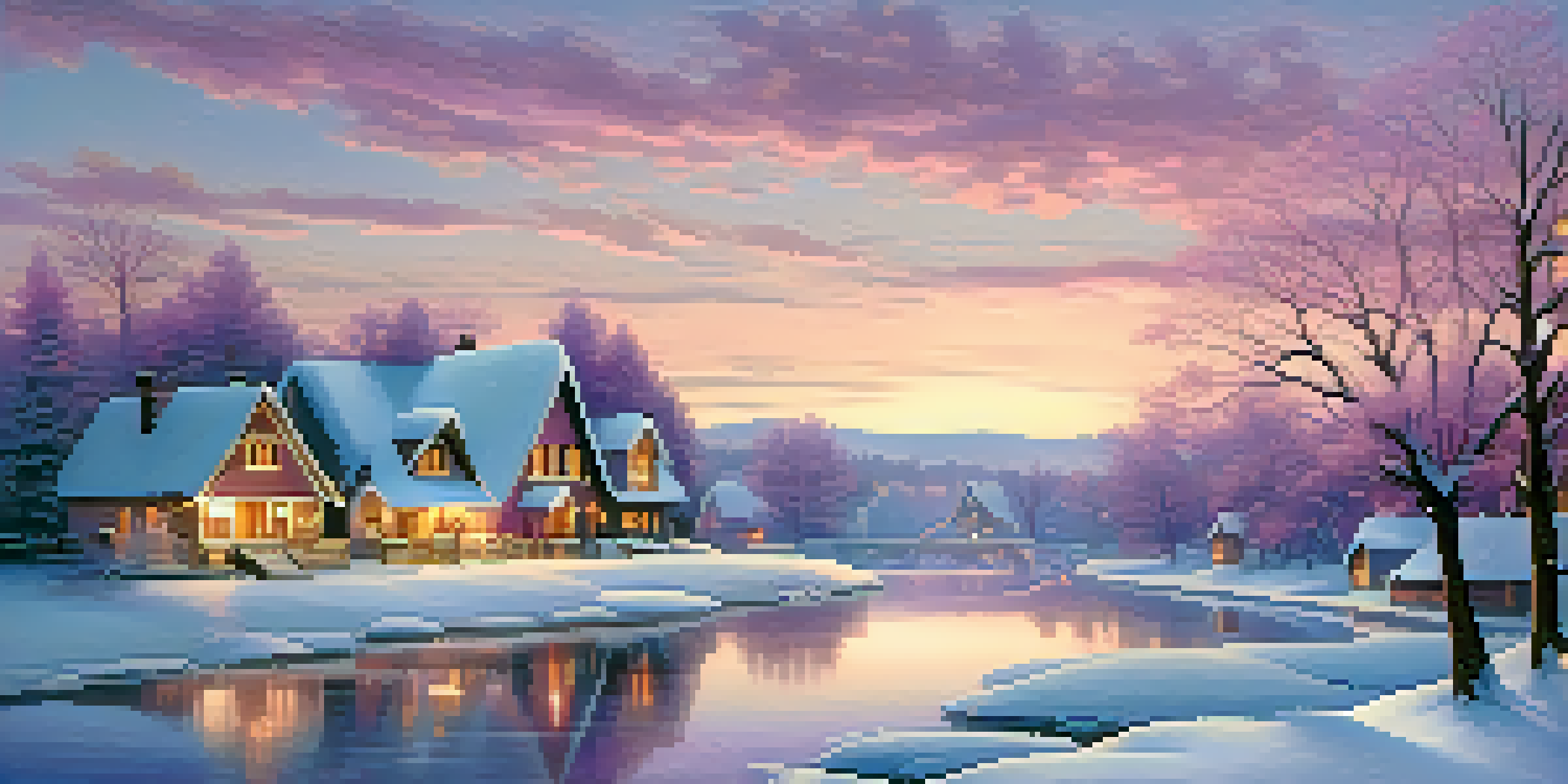 A peaceful winter landscape with a snow-covered village and glowing cottages under a pastel sky.