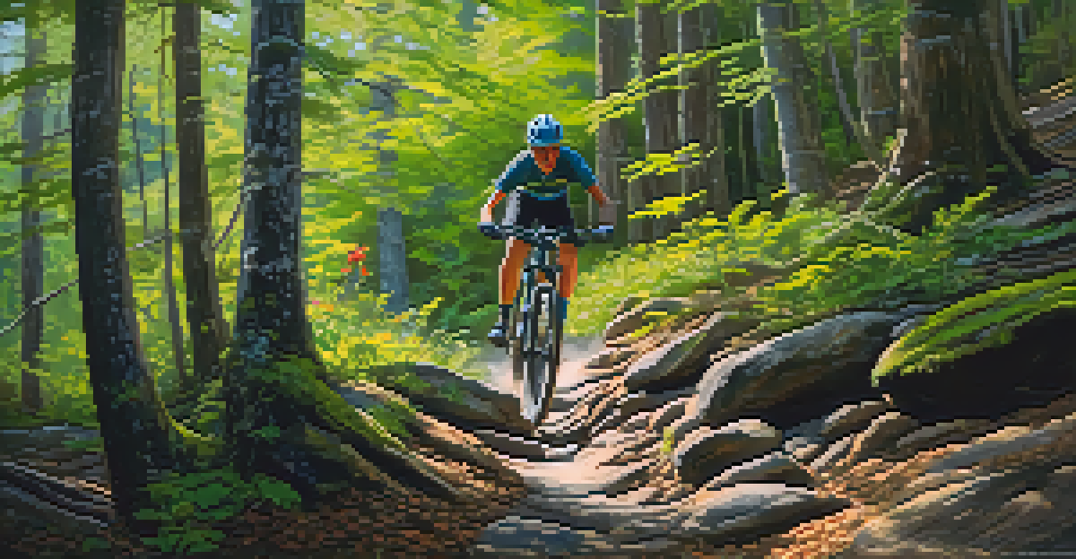 A mountain biker navigates a narrow rocky path in Pisgah National Forest, surrounded by lush greenery and wildflowers, with sunlight filtering through the trees.