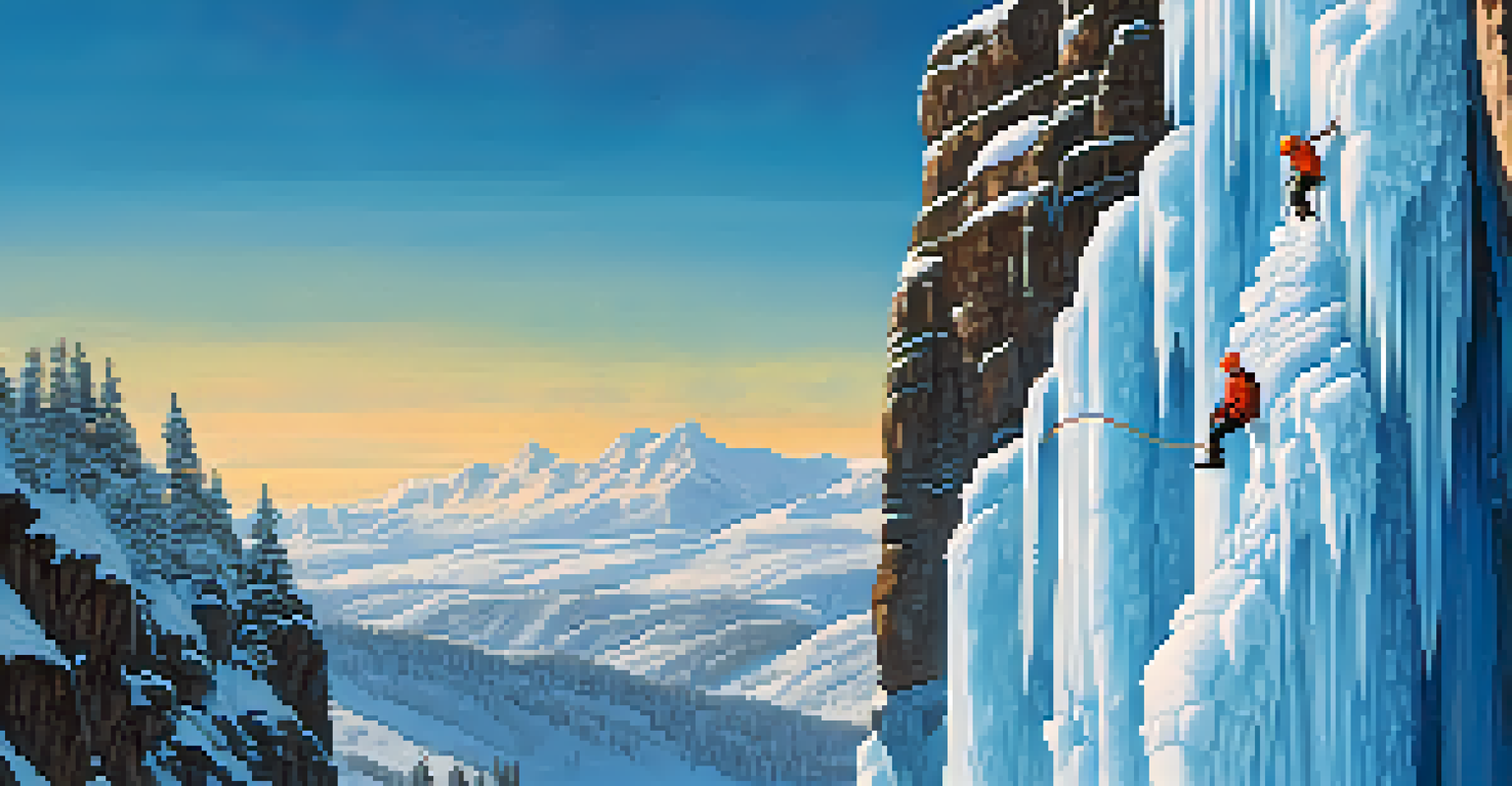 An ice climber scaling a frozen waterfall with blue ice and rugged rock formations in the background.