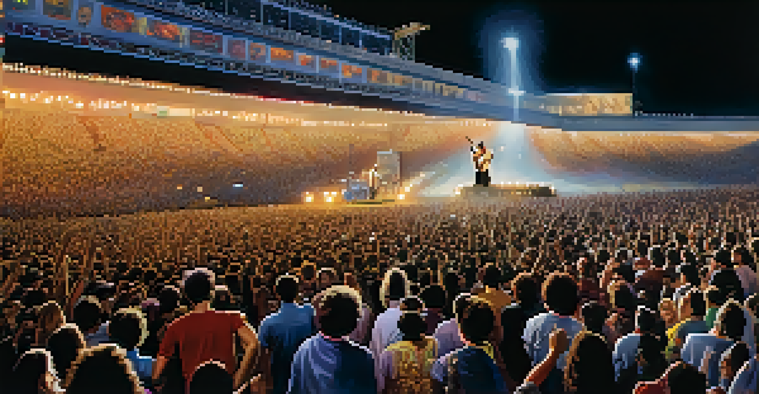 Jimi Hendrix performing on stage at Woodstock, with a crowd of fans and colorful lights.