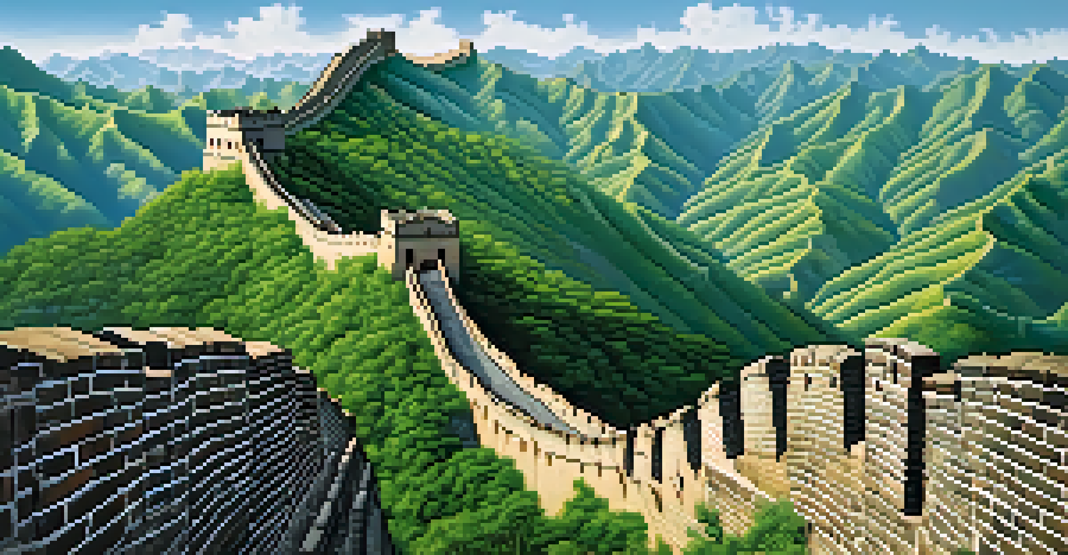 Aerial view of the Great Wall of China winding through mountains and valleys.