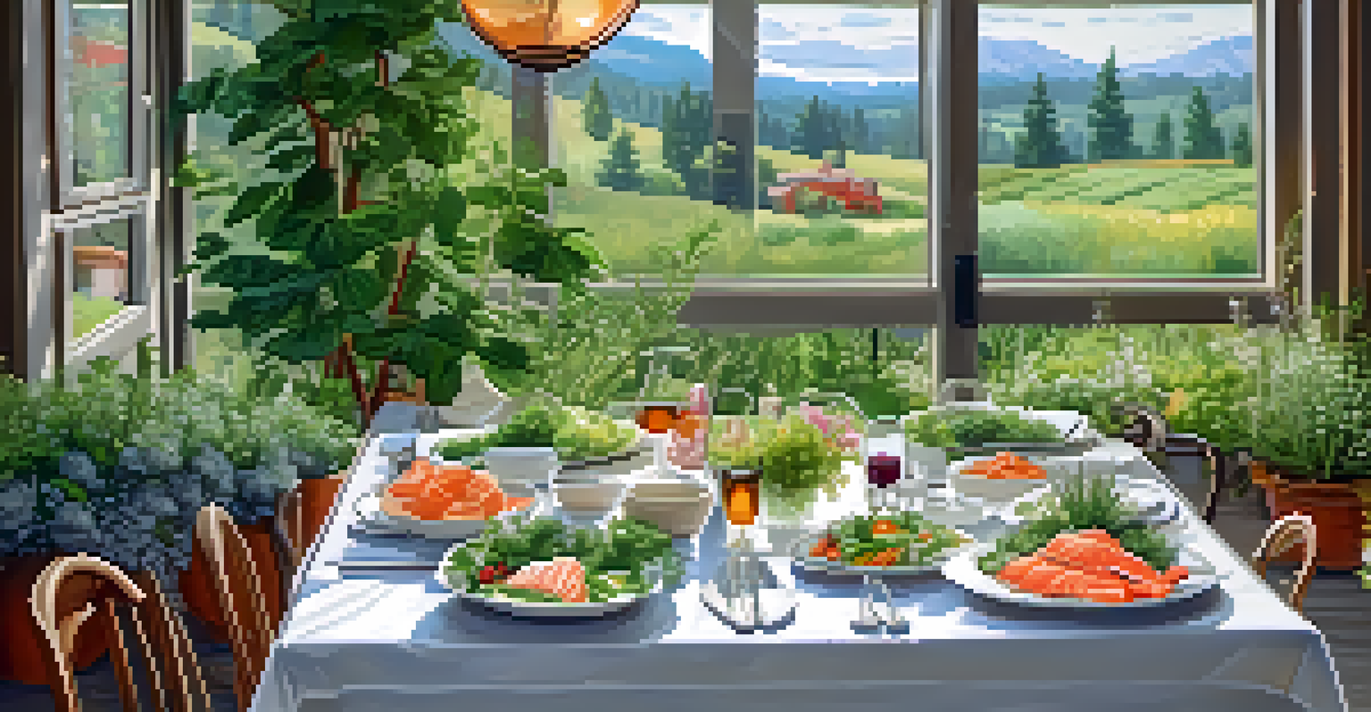 An outdoor farm-to-table restaurant scene with a dish of fresh salmon and vegetables, surrounded by greenery and soft natural light.
