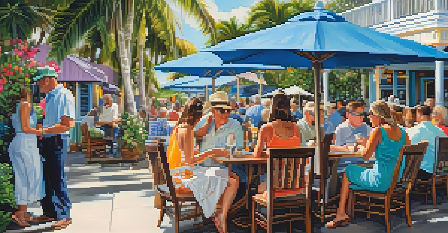 Guests enjoying brunch outdoors at Blue Heaven restaurant in Key West, surrounded by flowers and wooden tables.