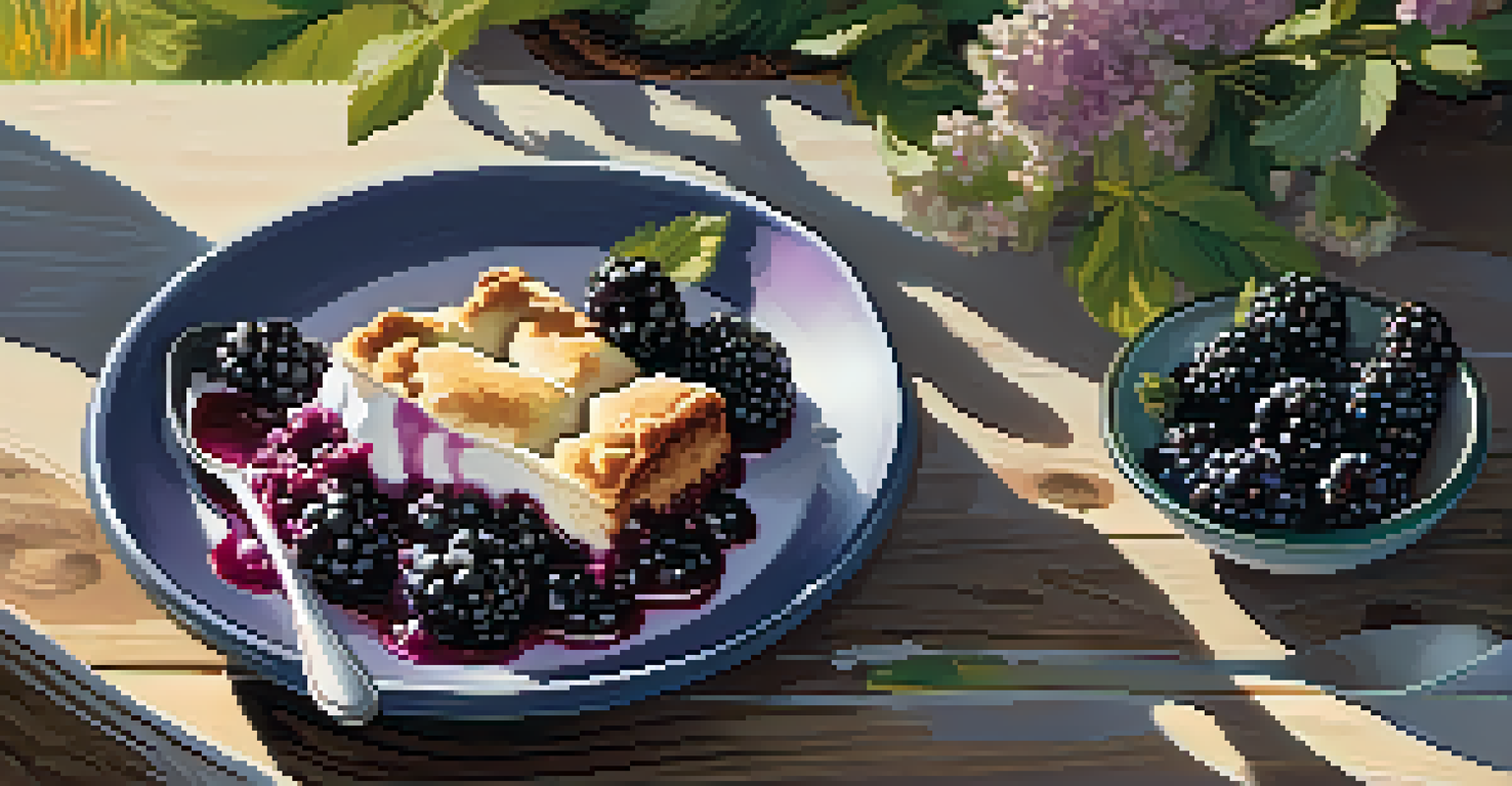A slice of blackberry cobbler with ice cream on a wooden table, decorated with fresh blackberries and wildflowers.