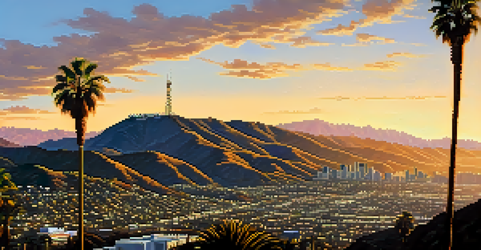 The Hollywood Sign on a hillside with palm trees and a sunset sky in the background.