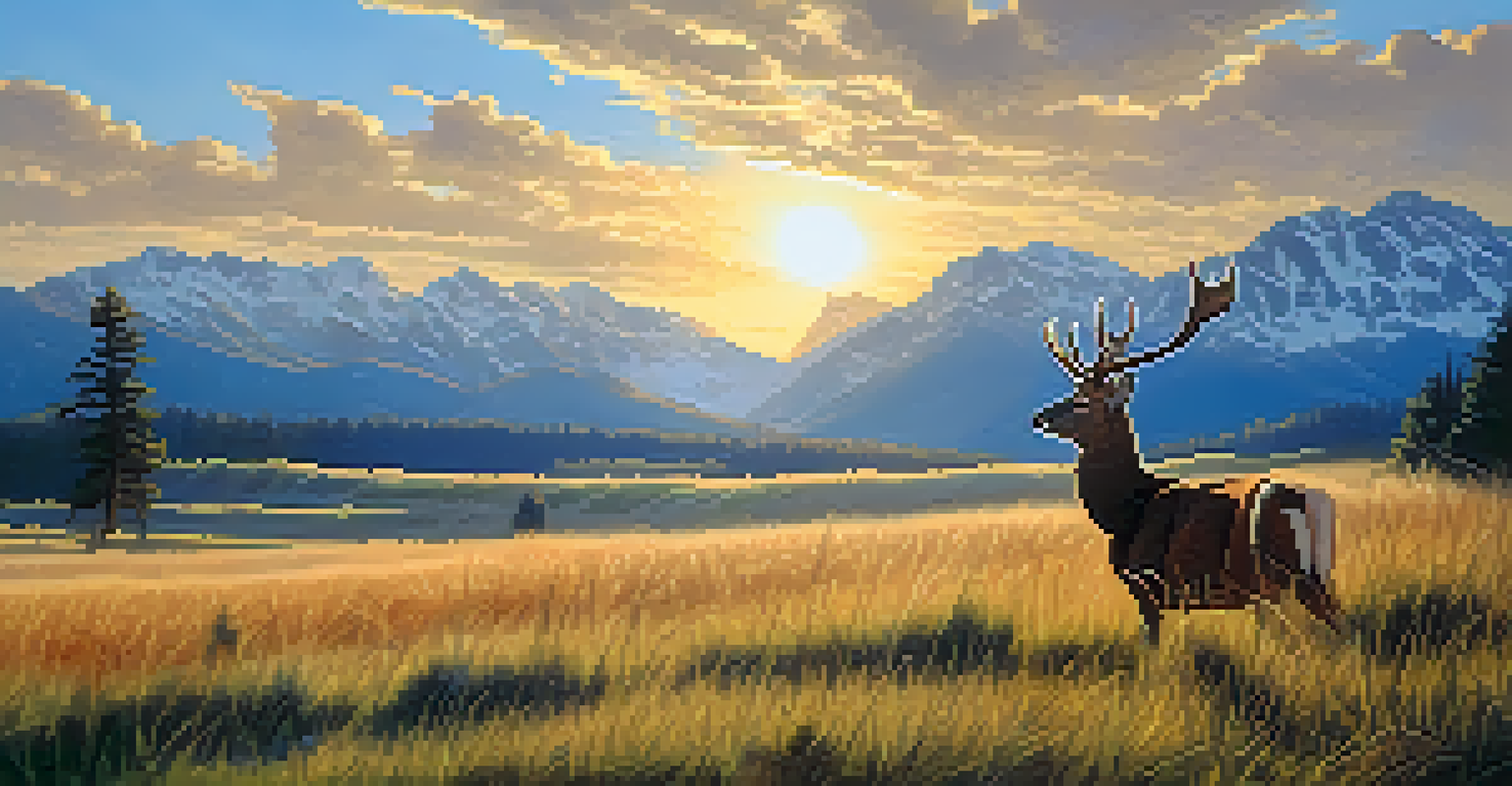 A summer landscape with a grazing deer in a sunlit meadow and an eagle soaring in the sky.