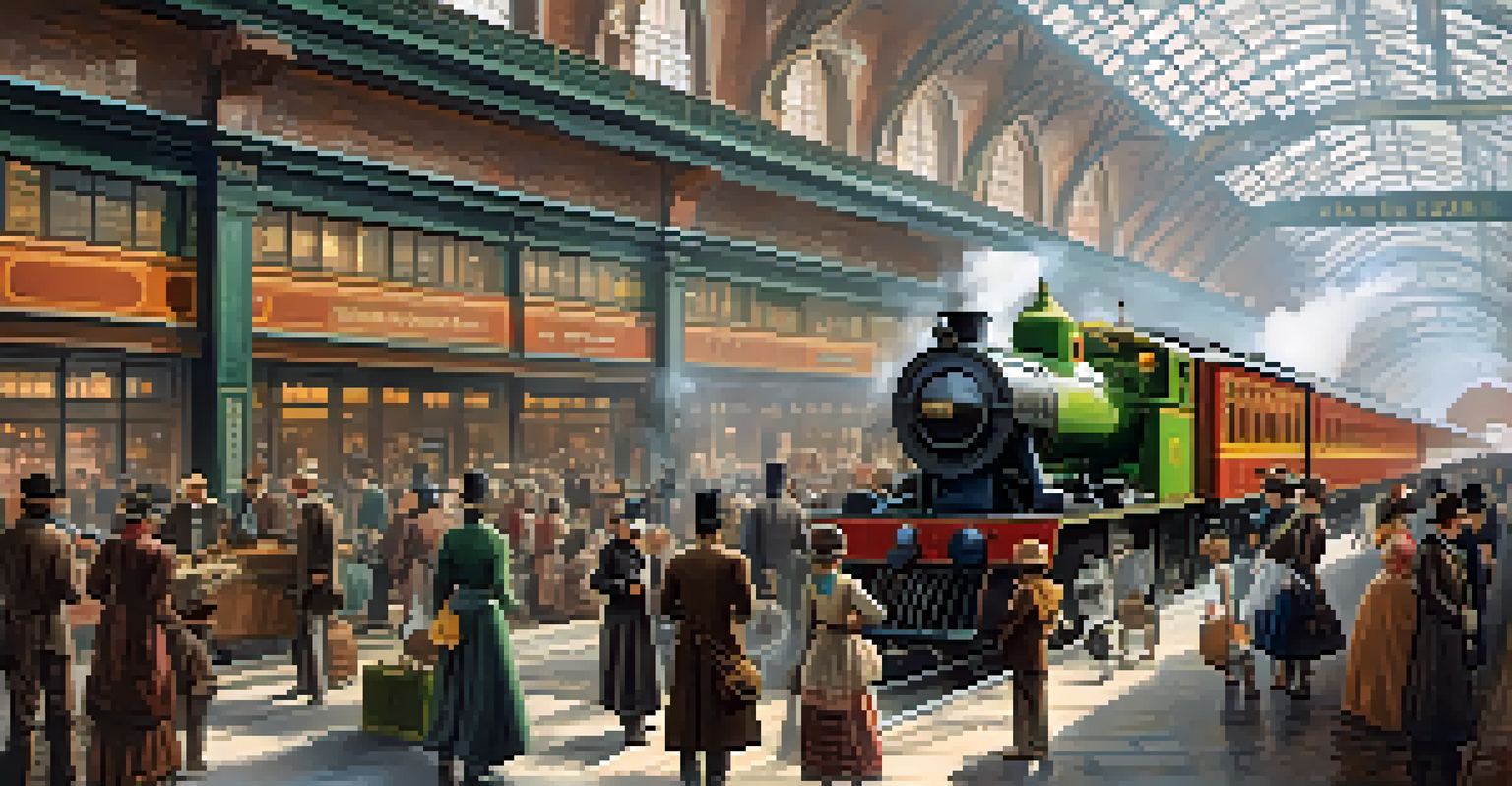 A lively 19th-century train station filled with diverse travelers interacting, with historic trains and architecture in view.