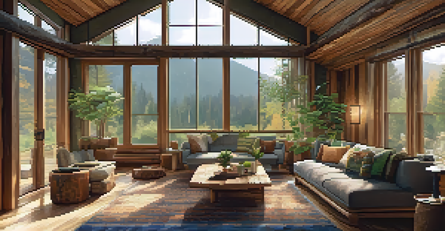 Cozy interior of an eco-friendly lodge with reclaimed wood furniture and large windows showcasing nature.