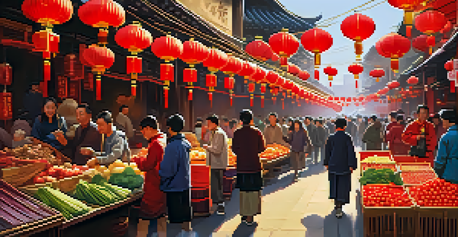 A lively market scene during Chinese New Year preparations, filled with vibrant stalls and people shopping for food and decorations.