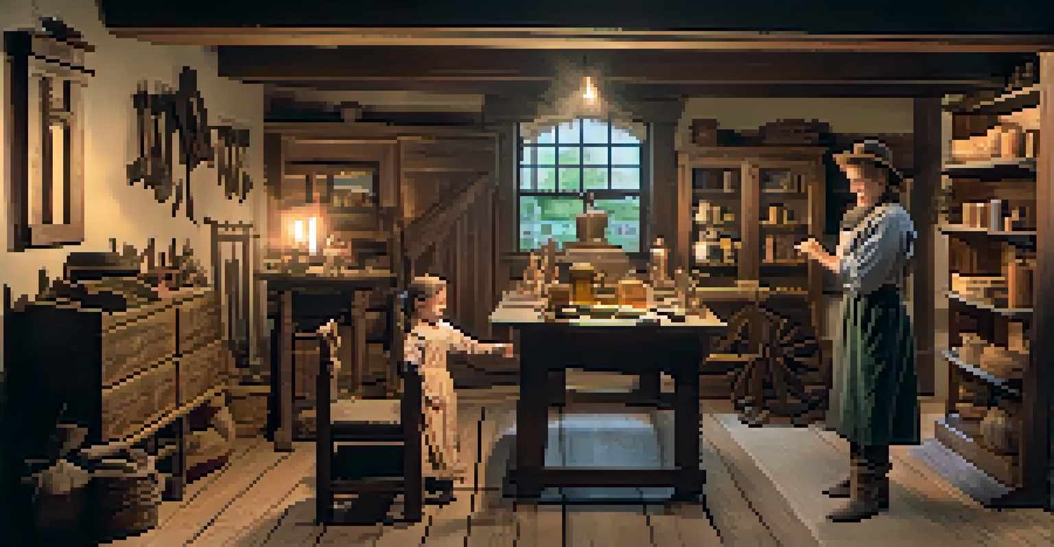 An interior view of the Old Town Museum, showcasing a pioneer homestead replica with families engaging in traditional crafts and activities.