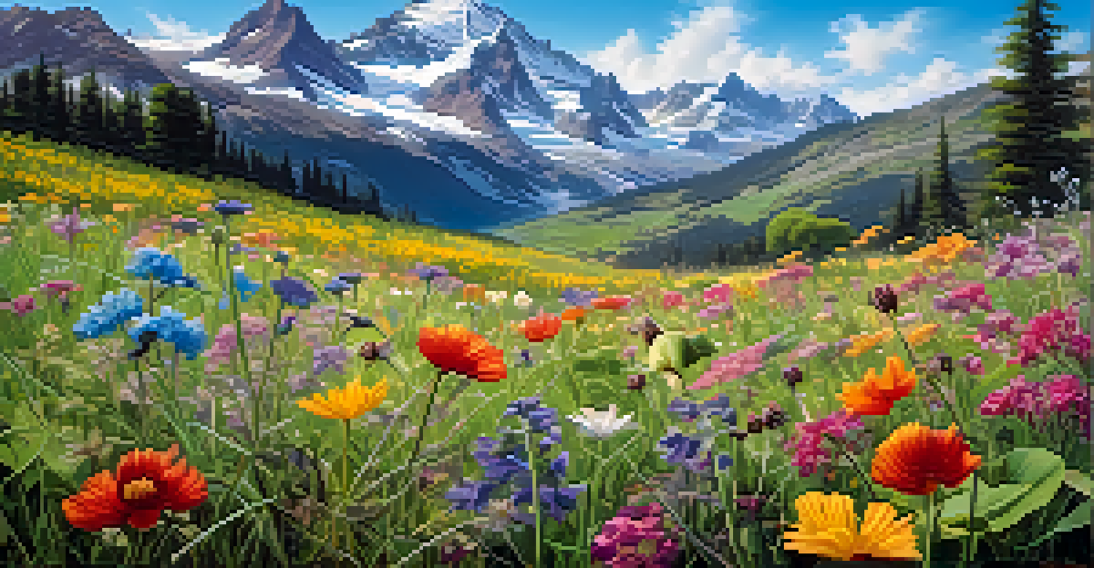 Colorful wildflowers in a meadow with mountains in the background.