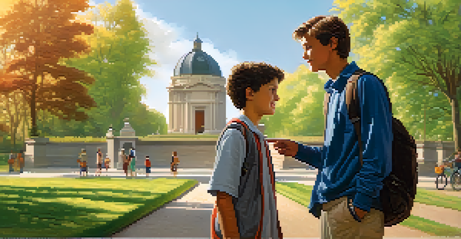 A mentor and a young traveler discussing in front of a historical landmark, showcasing a moment of guidance and learning.
