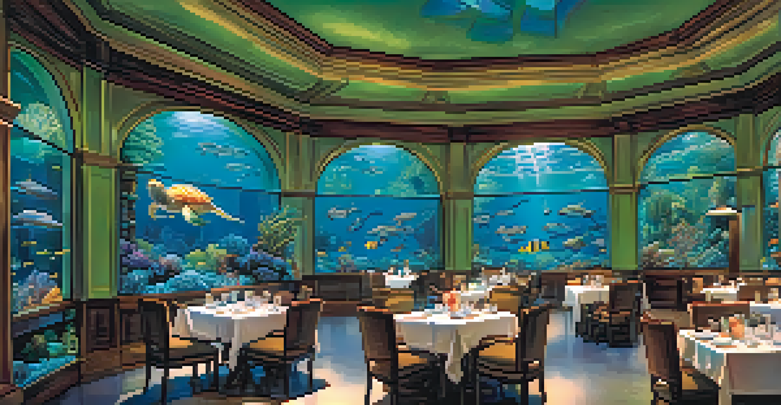 Families dining in The Ocean Room surrounded by large aquariums with marine life.