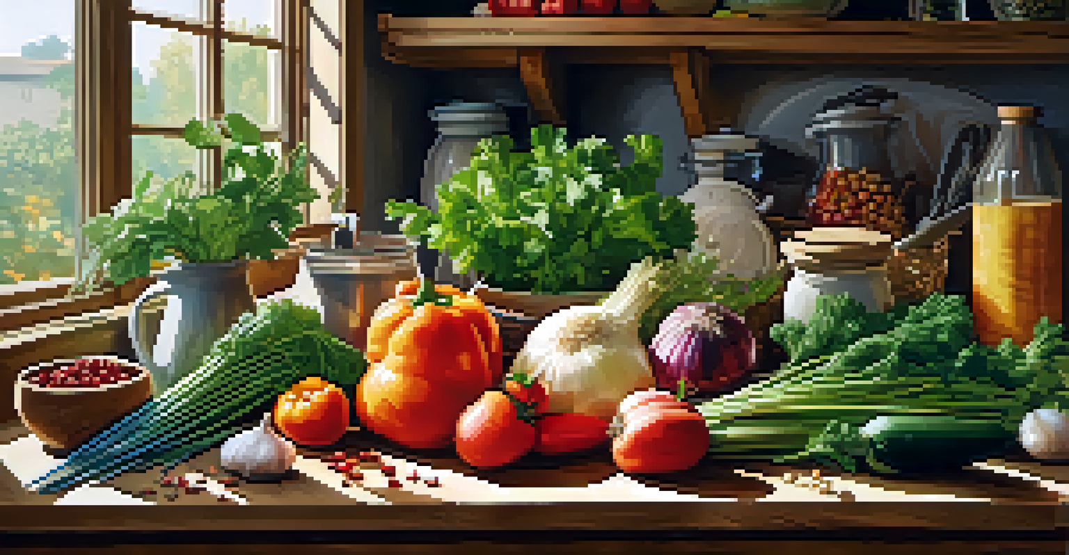 A rustic kitchen scene with a wooden table full of fresh, colorful vegetables and herbs, illuminated by sunlight coming through a window.
