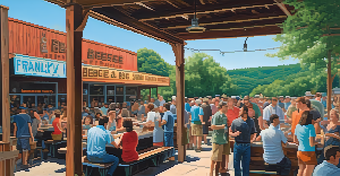 A busy BBQ restaurant in Texas with customers waiting in line, highlighting the lively atmosphere and outdoor dining area.