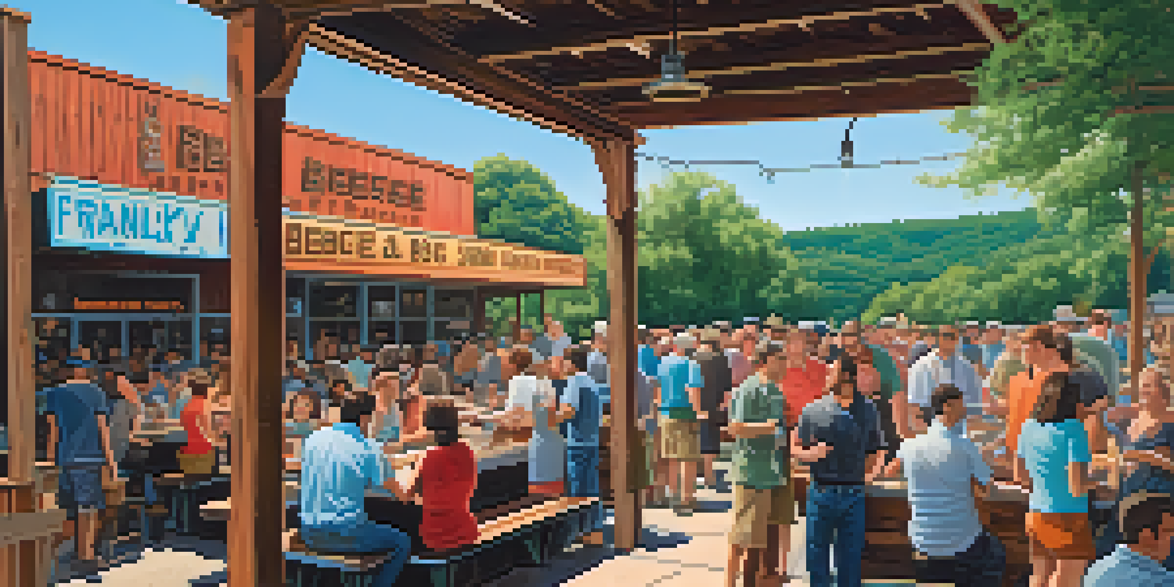 A busy BBQ restaurant in Texas with customers waiting in line, highlighting the lively atmosphere and outdoor dining area.