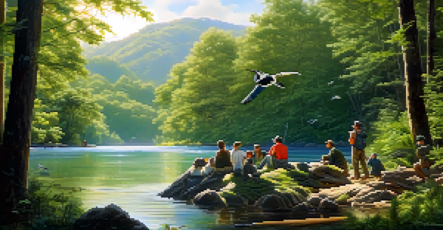Volunteers observing wildlife in a natural habitat, surrounded by lush greenery and a river, highlighting their conservation efforts.