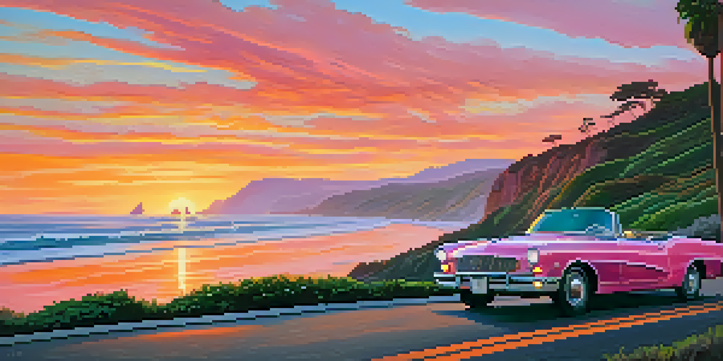 A scenic coastal road with a vintage car parked, overlooking the ocean at sunset with colorful sky and rocky cliffs.