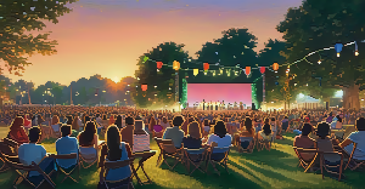 A summer concert in a park with people sitting on blankets and chairs, enjoying music under fairy lights during sunset.