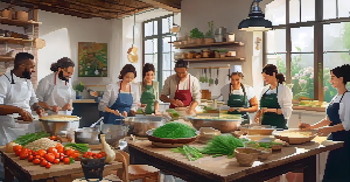 A diverse group of people in a cozy kitchen, engaged in a cooking class, preparing traditional Italian risotto with colorful ingredients.
