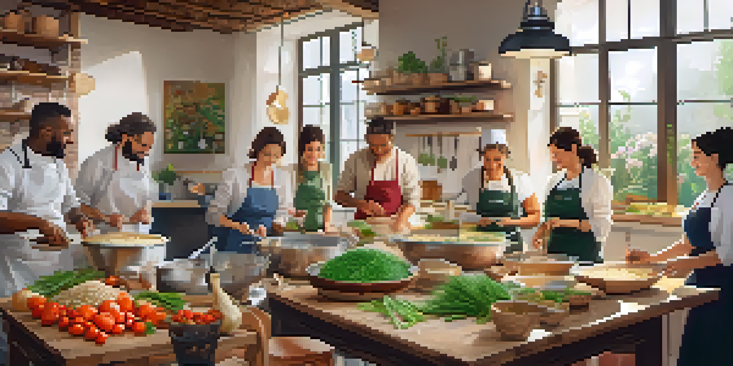 A diverse group of people in a cozy kitchen, engaged in a cooking class, preparing traditional Italian risotto with colorful ingredients.
