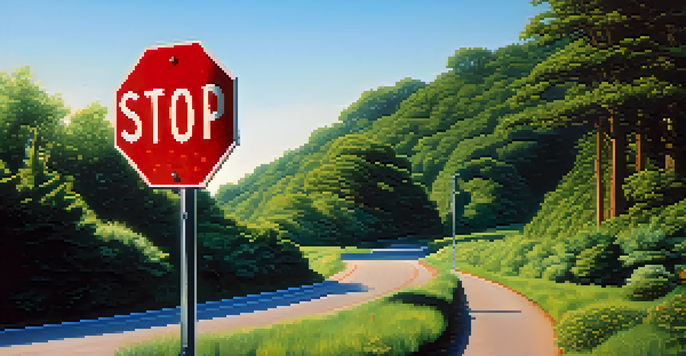 A stop sign on a sunny day, surrounded by greenery and a winding road in the background.