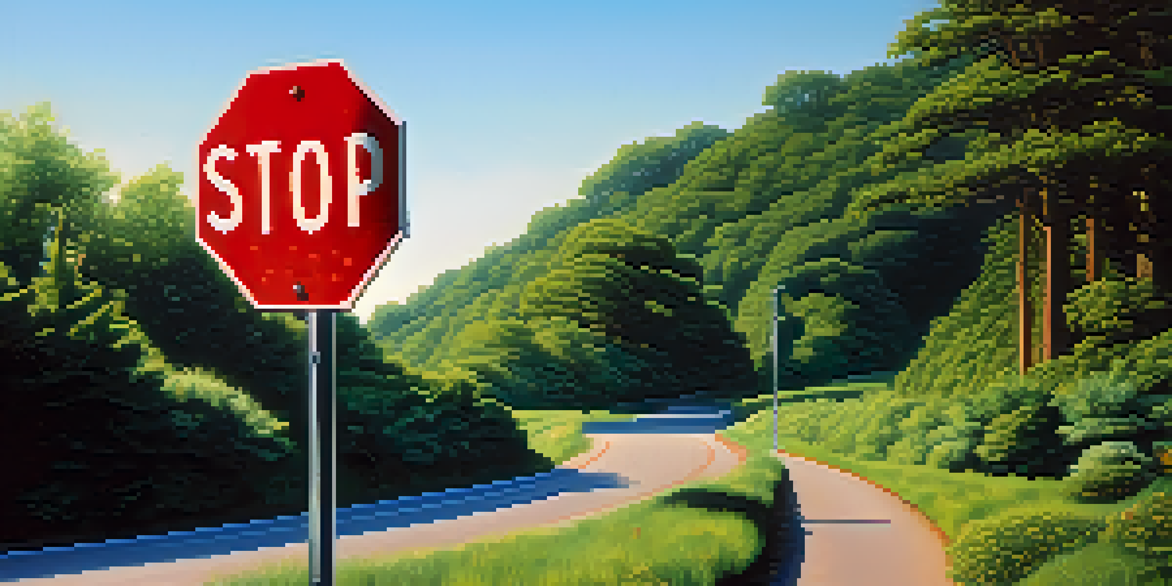 A stop sign on a sunny day, surrounded by greenery and a winding road in the background.