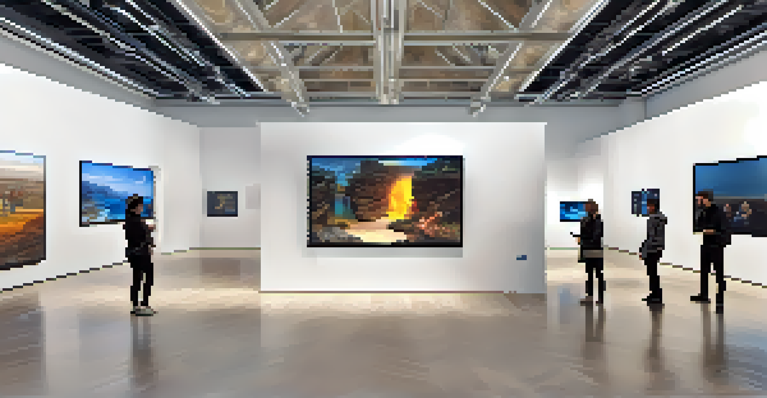 An interactive virtual reality installation in a gallery, showcasing a historical event with visitors actively engaging with digital displays.